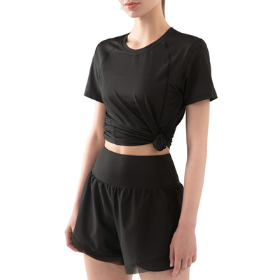 Waist Closing Sports Short Sleeve T Shirt Women'S Casual Loose Mesh Top