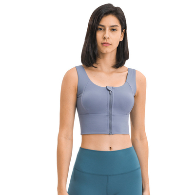 Blue Grey Gathered Women's Sports Bra Front Zip Shockproof Gym Running Fitness Crop Top